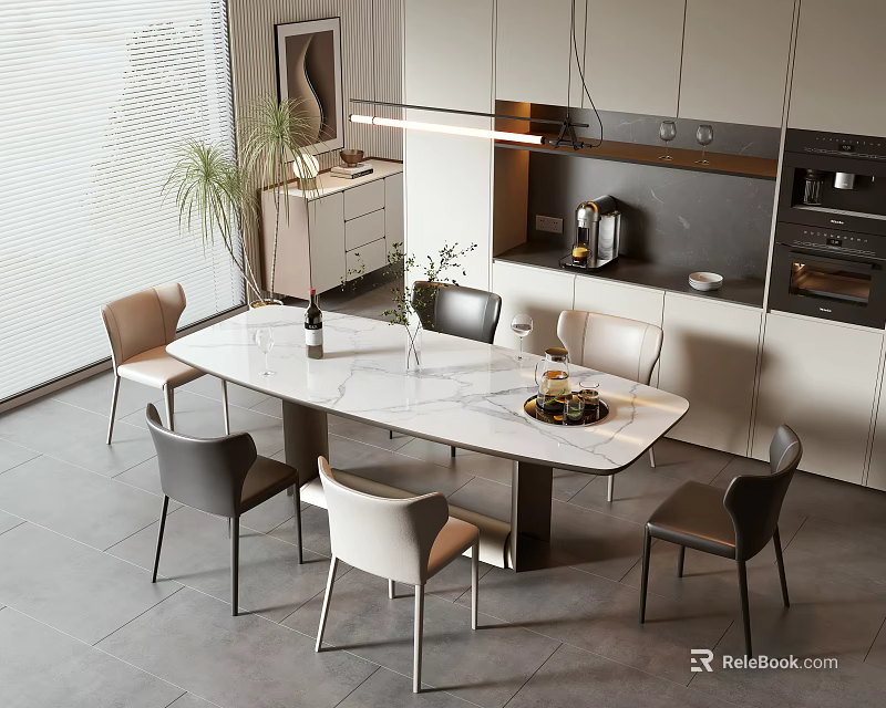 Modern Kitchen Dining Table And Chairs With Marble Top Pendant Light And Cabinets 3d model 