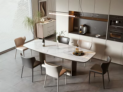 Modern Kitchen Dining Table And Chairs With Marble Top Pendant Light And Cabinets 3d model