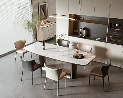 Modern Kitchen Dining Table And Chairs With Marble Top Pendant Light And Cabinets 3d model