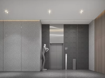 Modern Elevator Lobby Design With Gray Textured Walls Wooden Panels And Ceiling Lights 3d model