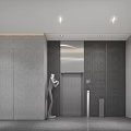 Modern Elevator Lobby Design With Gray Textured Walls Wooden Panels And Ceiling Lights