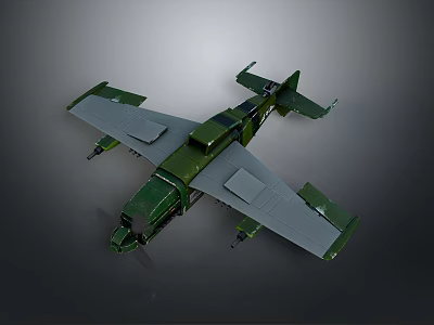 Detailed Green Military Airplane Model With Gray Wings And Angular Design Structure 3d model
