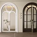 Arched White and Black Glass Double Doors with Gold Handles Indoor Plants Wooden Floor
