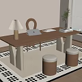 Modern Wooden Desk With Laptop Table Lamp Books Chair Stools And Patterned Rug