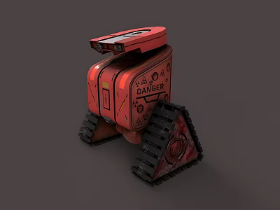 Man Controlling Red Ranger Robot With Tracked Wheels And Metallic Exterior 3d model