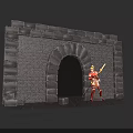 Female Warrior In Red Scale Armor With Golden Hair And Staff Standing By Stone Wall