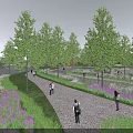 Garden Landscape With Lush Green Trees Gravel Path Purple Flowers River And People Walking