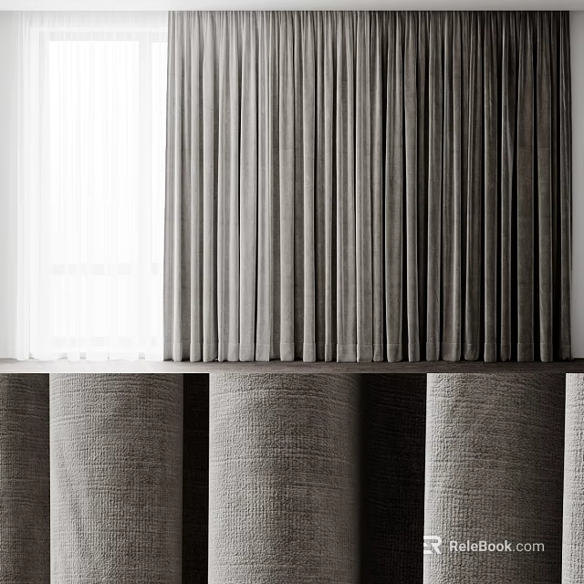 Gray Velvet Curtains With White Sheer Panels In Modern Interior Design 3d model 