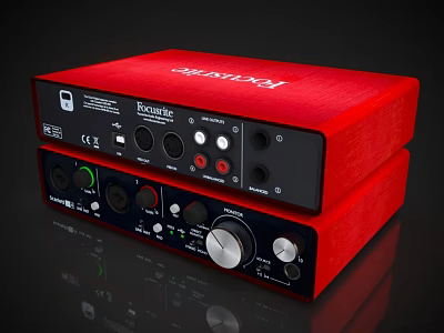 Red Focusrite Audio Interface With Stacked Design Knobs Ports And Indicator Lights 3d model