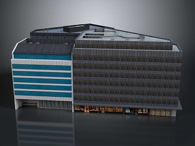 Modern Commercial Building With Glass Facade Retail Shops And Irregular Roof Design 3d model