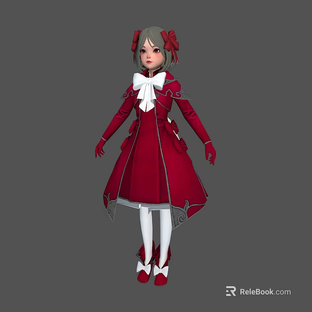 Anime Style 3D Character Model Wearing Red Coat White Bow Red Gloves And Long Socks 3d model 