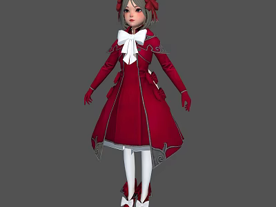 Anime Style 3D Character Model Wearing Red Coat White Bow Red Gloves And Long Socks 3d model