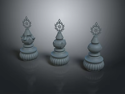 Three Gray Decorative Tower Shaped Equipment With Intricate Top Patterns And Circular Base 3d model