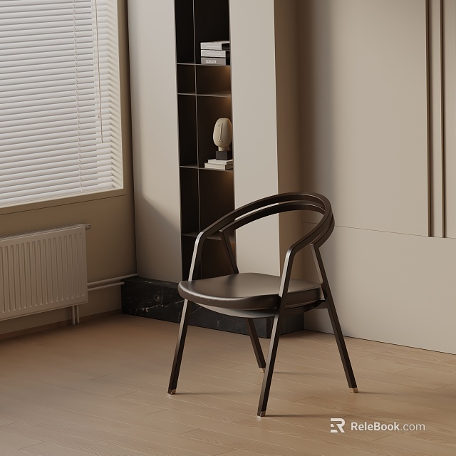 Sleek Modern Dark Wooden Dining Chair In Light Room With Window Blinds And Shelf Decor 3d model 