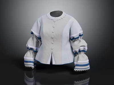 Light Gray Jacket With Lace Collar Puffed Sleeves And Striped Trim Design 3d model
