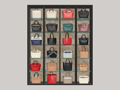 Multiple Handbags with Various Colors and Different Styles on Display Shelf 3d model