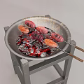 Grilled Sausages Cooking in Metal Wok with Charcoal on Metal Stand and Wooden Skewers
