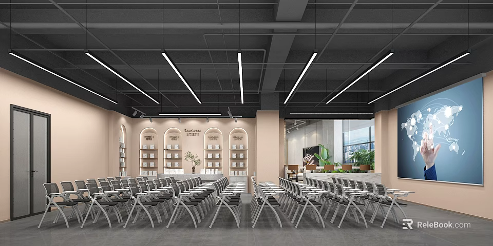 Modern Conference Room With Beige Walls Bookshelves Large Windows Green Plants Folding Tables And Chairs 3d model 