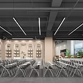 Modern Conference Room With Beige Walls Bookshelves Large Windows Green Plants Folding Tables And Chairs