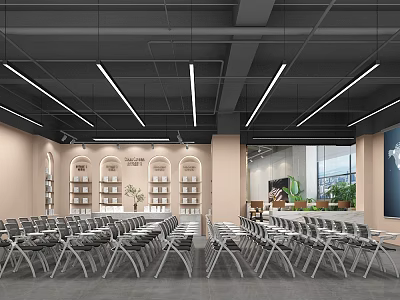 Modern Conference Room With Beige Walls Bookshelves Large Windows Green Plants Folding Tables And Chairs 3d model
