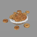 Light Brown Donuts in Wicker Basket with Some Scattered on White Background 3d model