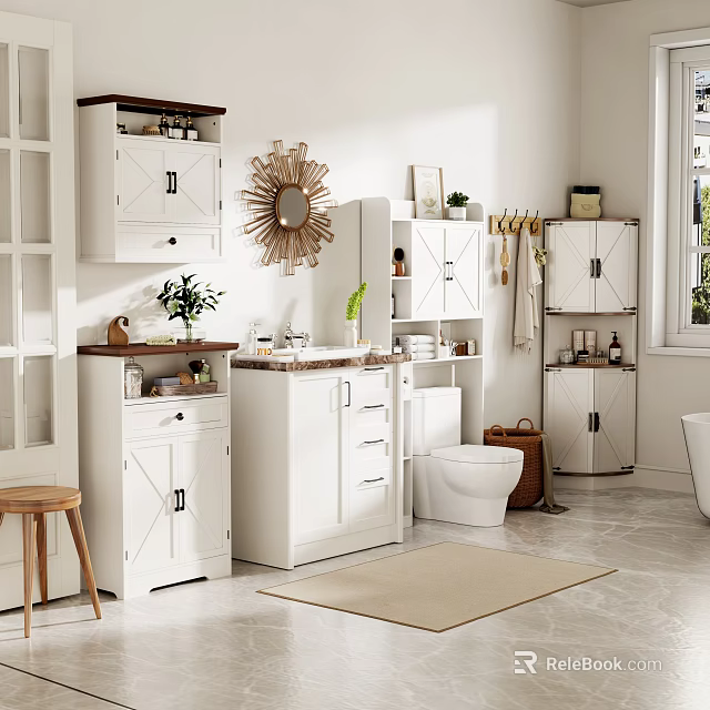 Bathroom Interior With White Storage Cabinets Drawers And Shelves Decorative Mirror And Potted Plant 3d model 