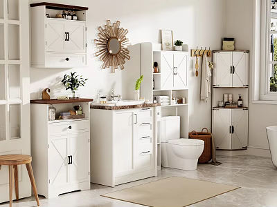 Bathroom Interior With White Storage Cabinets Drawers And Shelves Decorative Mirror And Potted Plant 3d model