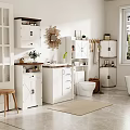 Bathroom Interior With White Storage Cabinets Drawers And Shelves Decorative Mirror And Potted Plant
