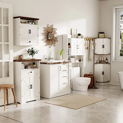 Bathroom Interior With White Storage Cabinets Drawers And Shelves Decorative Mirror And Potted Plant 3d model