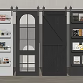 Arch Glass And Wooden Black Barn Door Interior With Shelves And Books