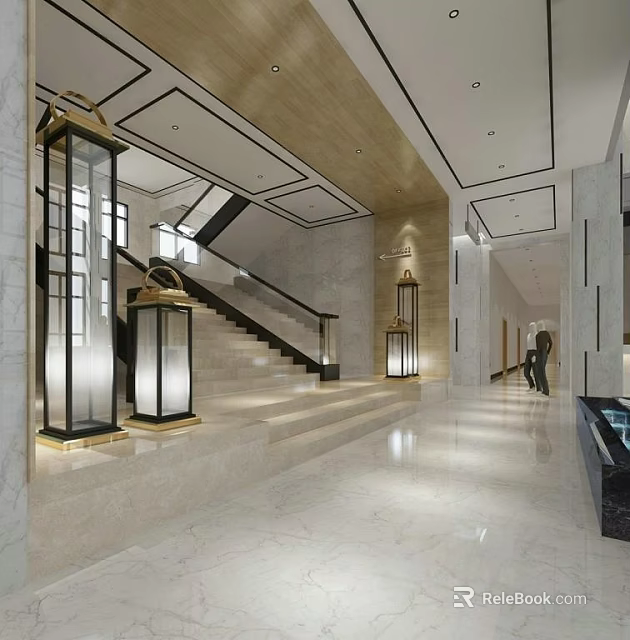 Modern Office Corridor With Marble Flooring Decorative Lantern Lights And Staircase 3d model