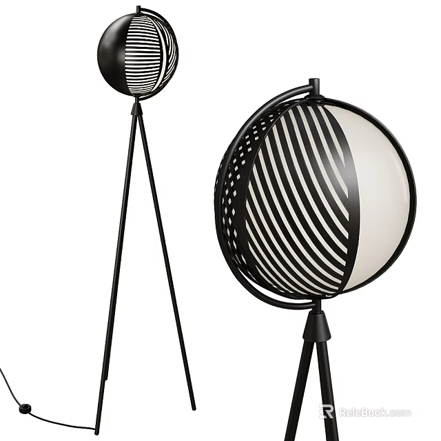 Modern Black Metal Floor Lamp With Spherical Striped Shade And Tripod Stand 3d model 