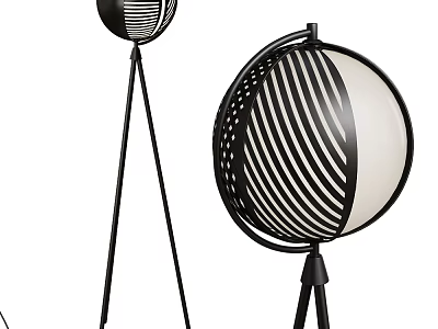 Modern Black Metal Floor Lamp With Spherical Striped Shade And Tripod Stand 3d model