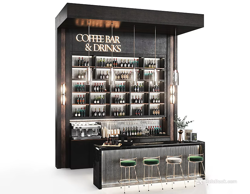Coffee Bar Reception Desk With Wine Bottle Display Shelves And Green Bar Stools 3d model 
