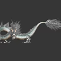3D Mythical Dragon Sculpture With Blue White Scales Long Tail And Black Background Reflection