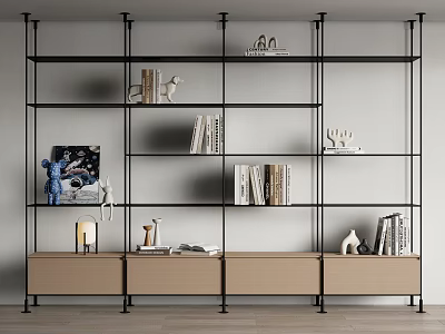 Modern Bookshelf With Black Metal Frame Beige Drawers Open Shelves Books And Decorative Items 3d model