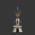 Ancient Architecture Tower with Blue Roof Red Flag White Walls and Decorative Design