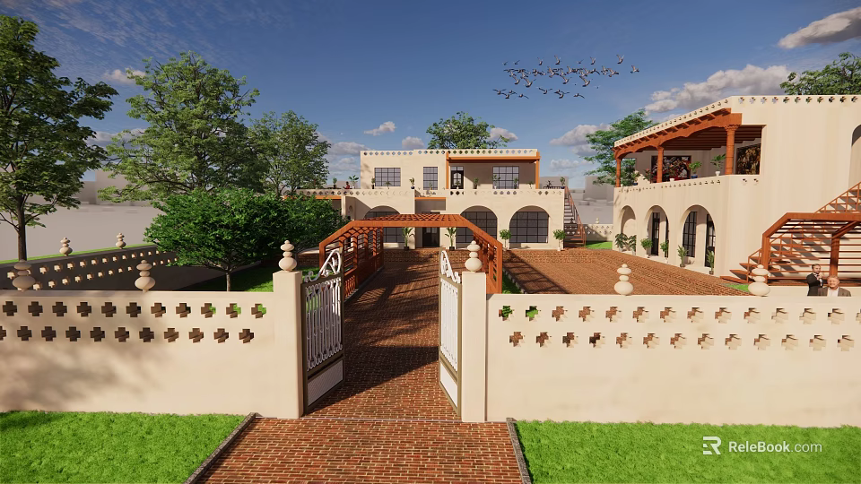Ancient Architecture Courtyard With Ornate Gate Stone Path And Green Trees 3d model