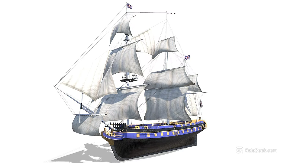 Vintage Sailing Ship With White Sails Blue Black Hull And Flags Design 3d model 