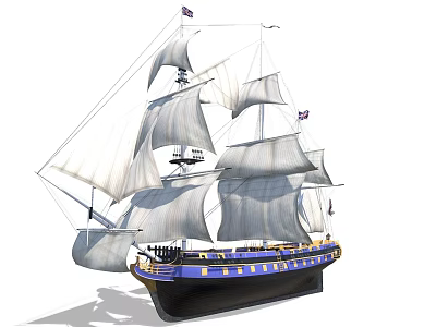 Vintage Sailing Ship With White Sails Blue Black Hull And Flags Design 3d model