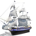 Vintage Sailing Ship With White Sails Blue Black Hull And Flags Design 3d model