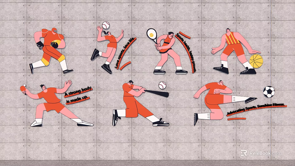 Orange Sportswear Figures Doing Running Basketball Tennis Baseball Throwing With Motion Trails On Gray Wall 3d model 