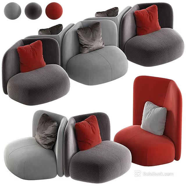 Modern Sectional Sofa Set With Gray Red Upholstery And Decorative Pillows 3d model