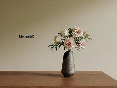 Decorative Dark Gray Vase With Pink White Flowers And Green Leaves On Wooden Table 3d model