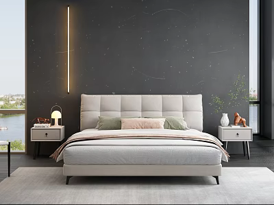 Modern Double Bed With Upholstered Headboard Dark Starry Wall Nightstands And Lake View 3d model