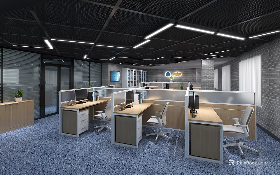 Public Office Area Featuring Modern Workstations Desks Ergonomic Chairs And Ceiling Lights 3d model