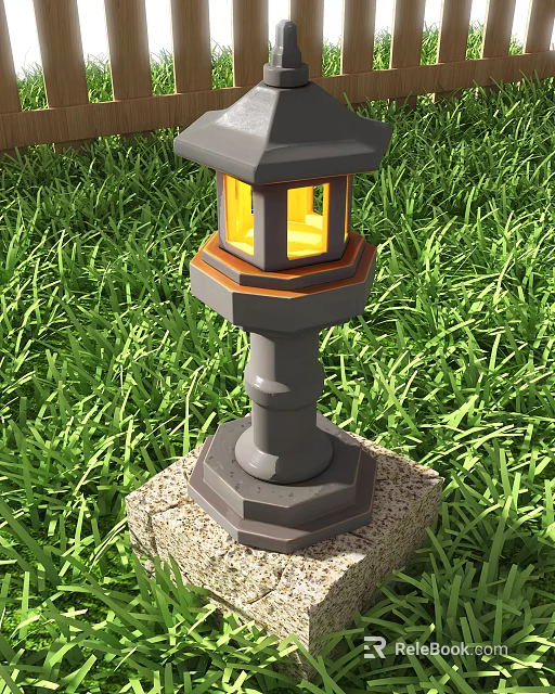 Outdoor Light Featuring Hexagonal Lamp Post and Yellow Glow on Grass Base 3d model 