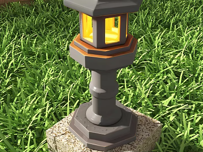 Outdoor Light Featuring Hexagonal Lamp Post and Yellow Glow on Grass Base 3d model