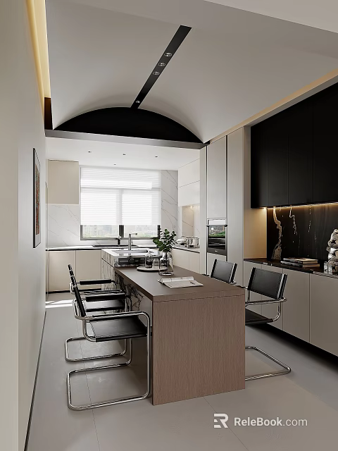 Modern Restaurant Interior Featuring Open Layout Wooden Dining Table Black Chairs And Soft Lighting 3d model