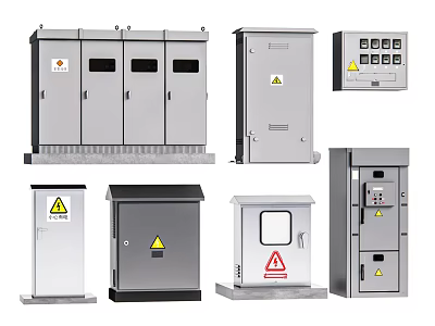 Industrial Electrical Control Cabinets with Various Designs Metal Enclosures Warning Signs and Control Panels 3d model